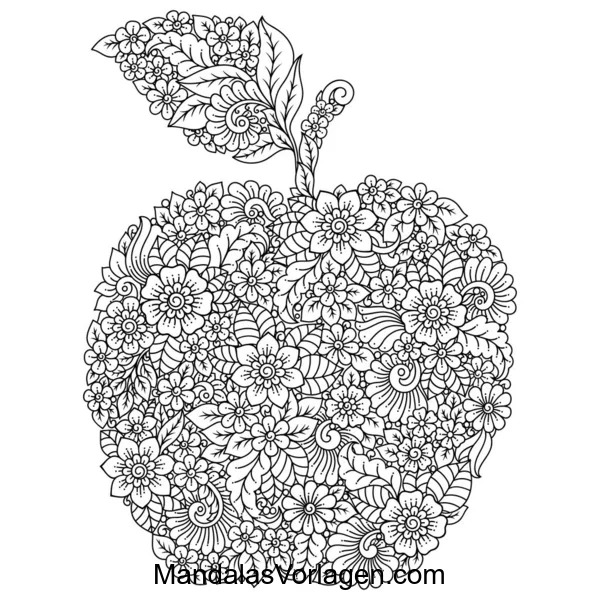 Apfel Mandala mit floralen Mustern – Kreative Ausmalvorlage für den Herbst