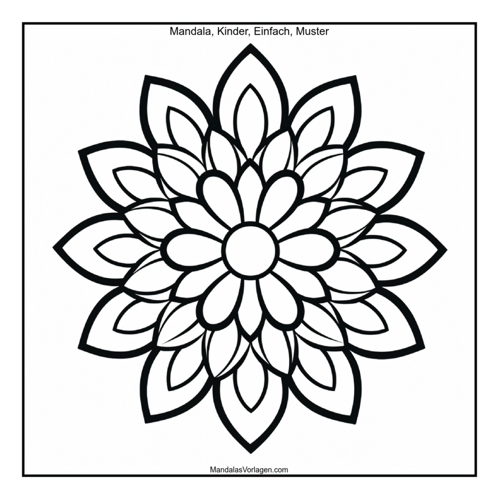 Ein harmonisches Mandala mit vielen Blütenblättern, die gleichmäßig um das Zentrum angeordnet sind. Diese Vorlage eignet sich besonders für Kinder und Anfänger, die beim Ausmalen Entspannung finden möchten. Highlights dieser Vorlage: Klares Blütenmuster Starke schwarze Linien Ideal für Kinder und Einsteiger Gratis PDF in A4 verfügbar Beliebt bei Fans von: Blumenmandalas, Kinder-Malvorlagen, Kreativer Entspannung Einfaches Blumen-Mandala für Kinder – Ausmalvorlage
