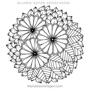 Mandala Blumen Trio mit Blättern – Ausmalvorlage (PDF)