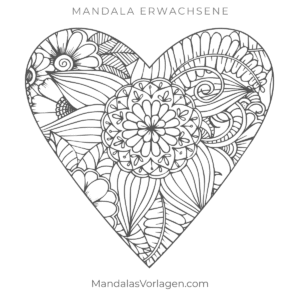 Mandala Herz mit Ornamenten – kostenlose Vorlage für Erwachsene (PDF)