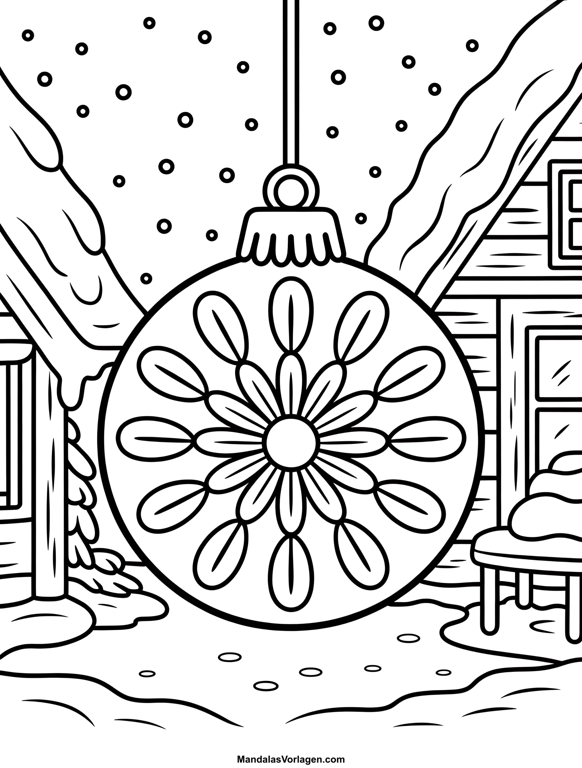 Mandala Weihnachten Kugel – Ausmalvorlage mit Winterhütte & Schnee