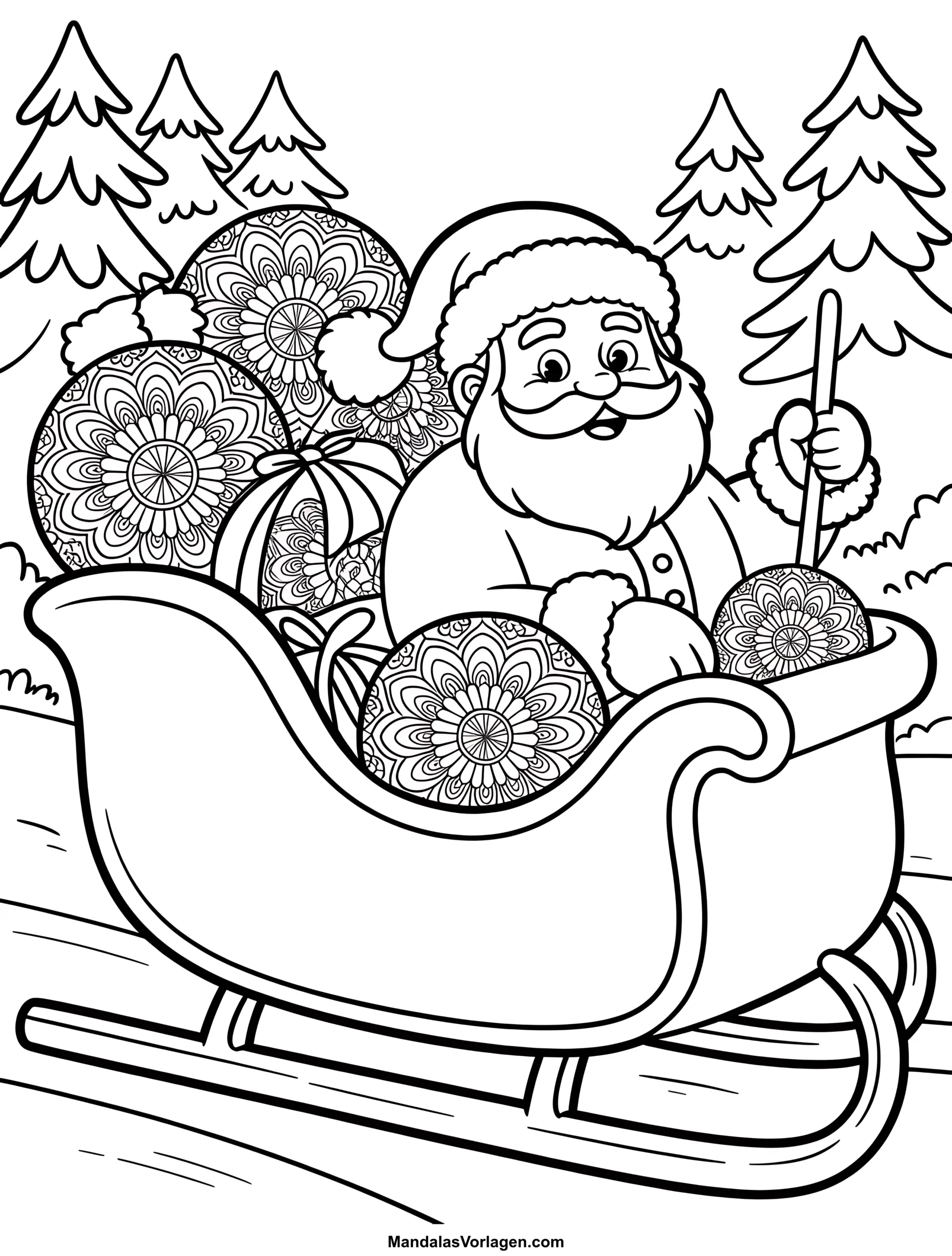 Mandala Weihnachten Santa – Ausmalvorlage mit Schlitten & Geschenken