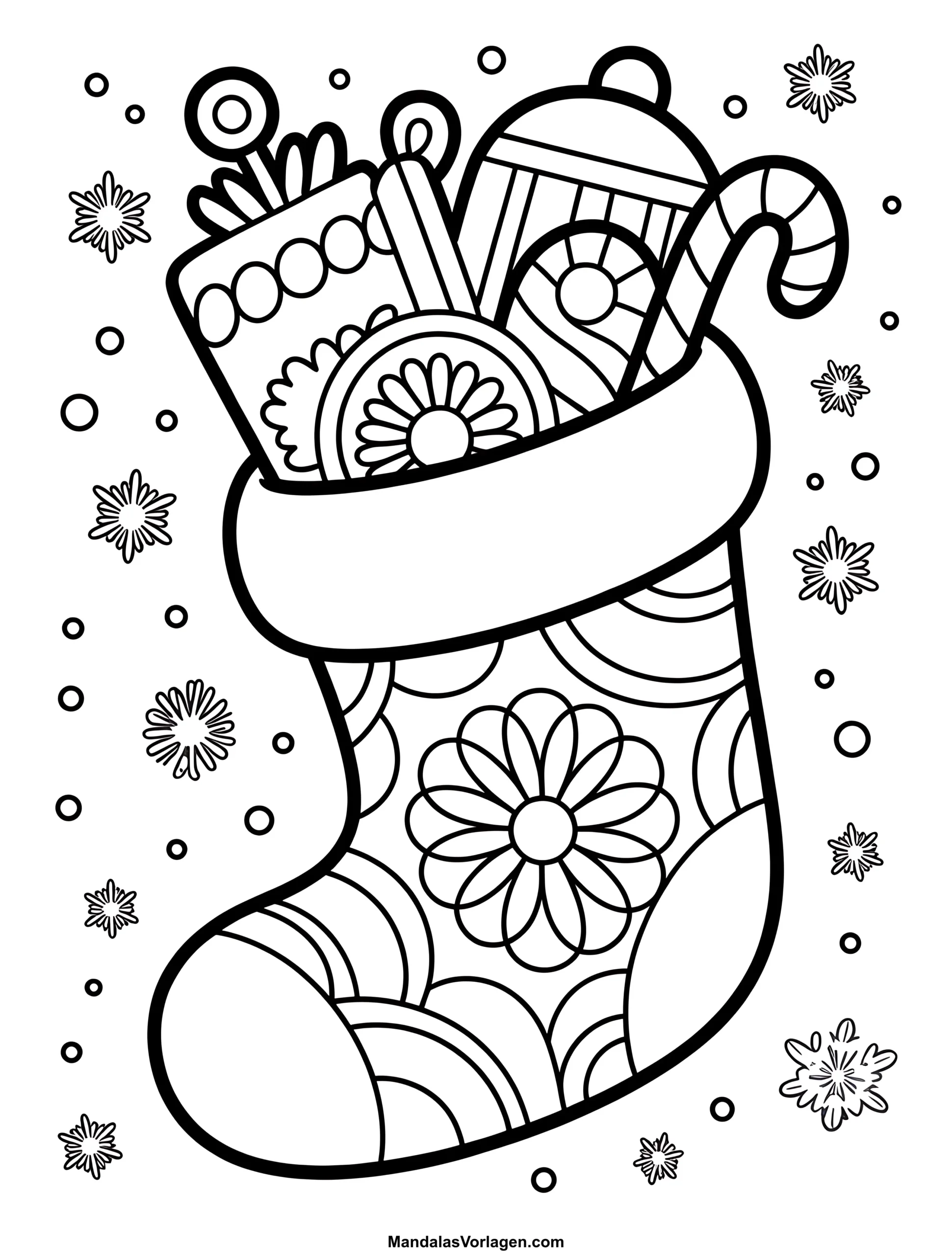 Dieses Weihnachtsmandala zeigt einen detailreichen Strumpf, gefüllt mit Geschenken, Süßigkeiten und festlichen Überraschungen. Die kunstvollen Muster laden Kinder und Erwachsene gleichermaßen ein, ihrer Kreativität freien Lauf zu lassen. Highlights dieser Vorlage: Weihnachtsstrumpf mit Geschenken & Süßigkeiten Verspielte Mandala-Muster für festliche Stimmung Ideal zum Entspannen in der Adventszeit Kostenlos als A4 PDF zum Download Beliebt bei Fans von:Weihnachtsmandalas, Festlichen Malvorlagen, Kreativen Winterideen Mandala Weihnachten Strumpf – Ausmalvorlage mit Geschenken & Süßigkeiten