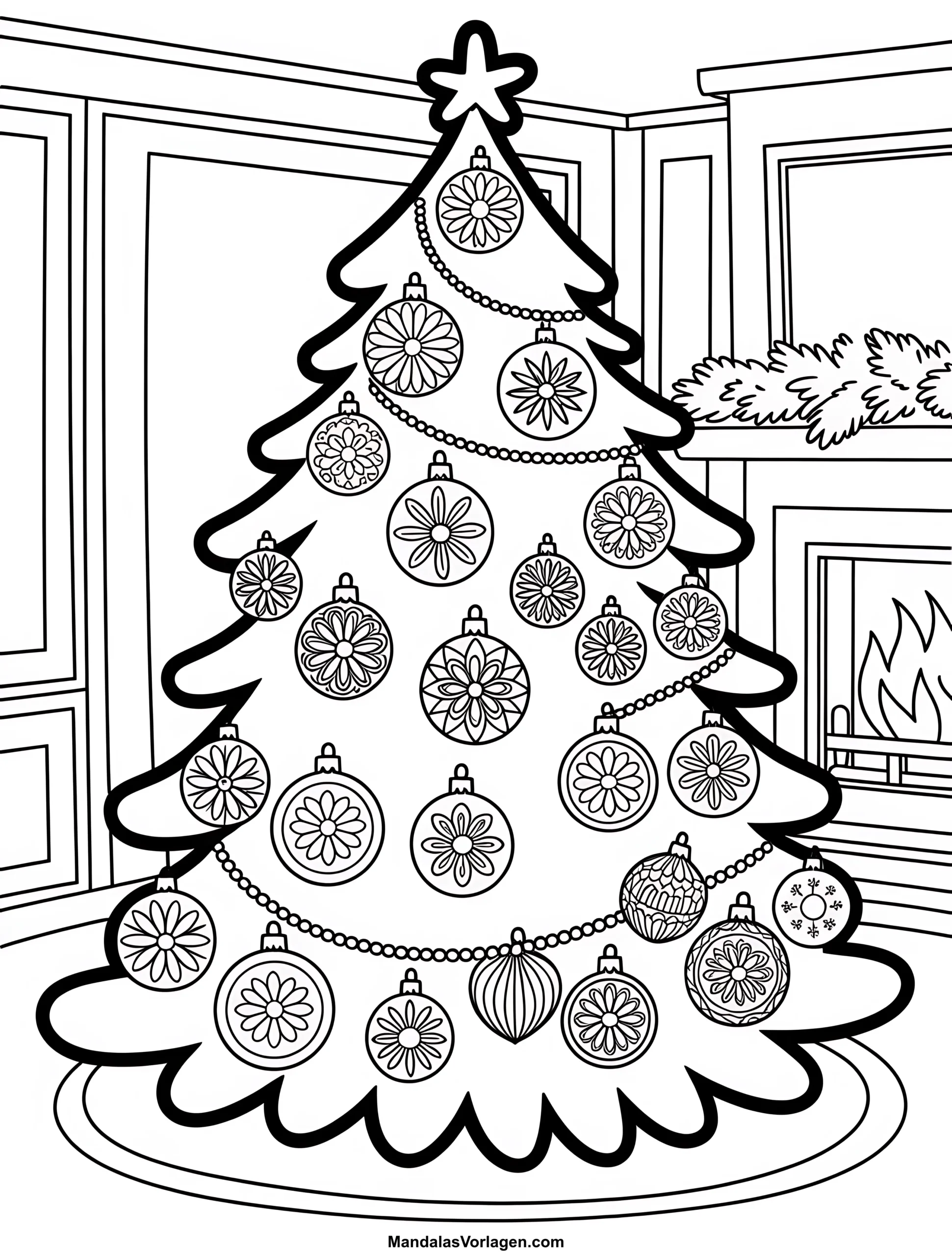 Mandala Weihnachten Tannenbaum – Ausmalvorlage mit Kugeln & Schmuck
