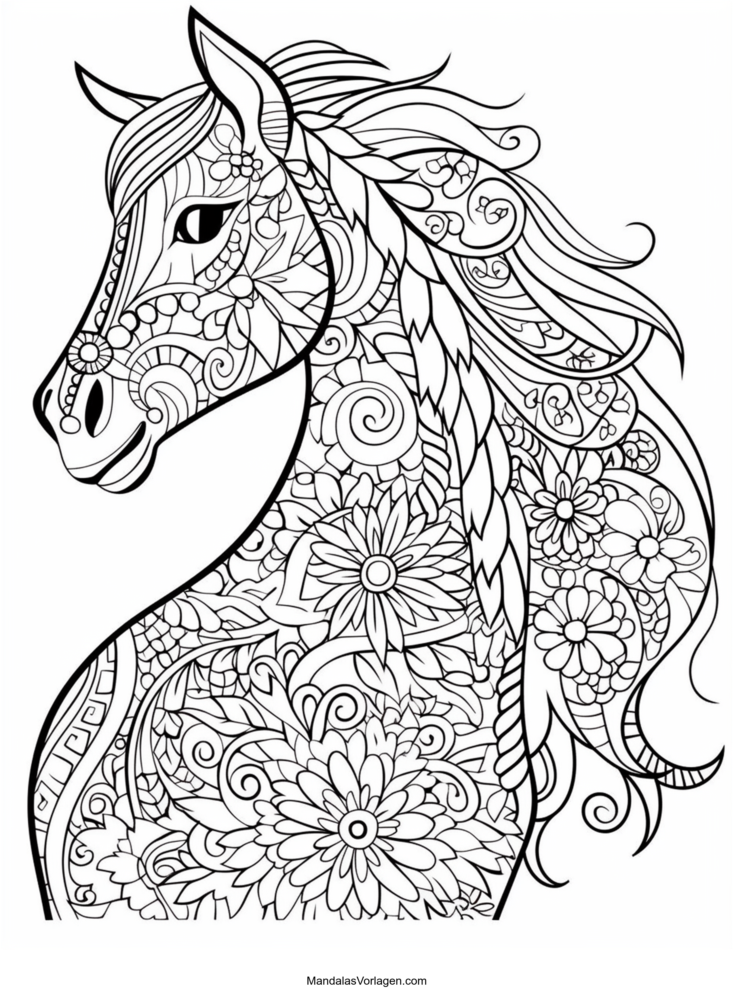 Pferd Mandala – Kunstvolle Ausmalvorlage mit Blumenmustern