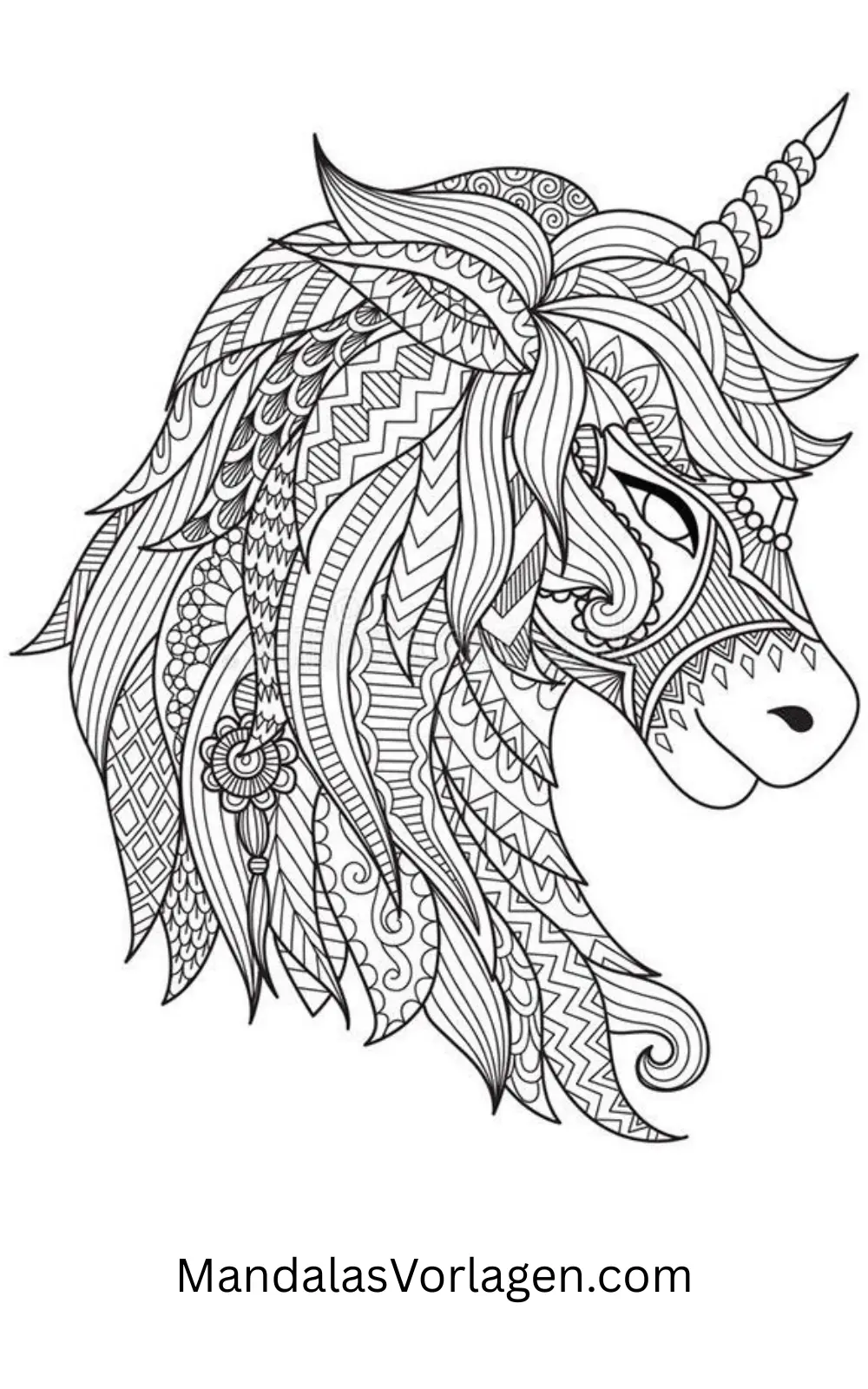 Einhorn Mandala Kopf – Ausmalvorlage mit dekorativen Linien & Traumfänger-Details