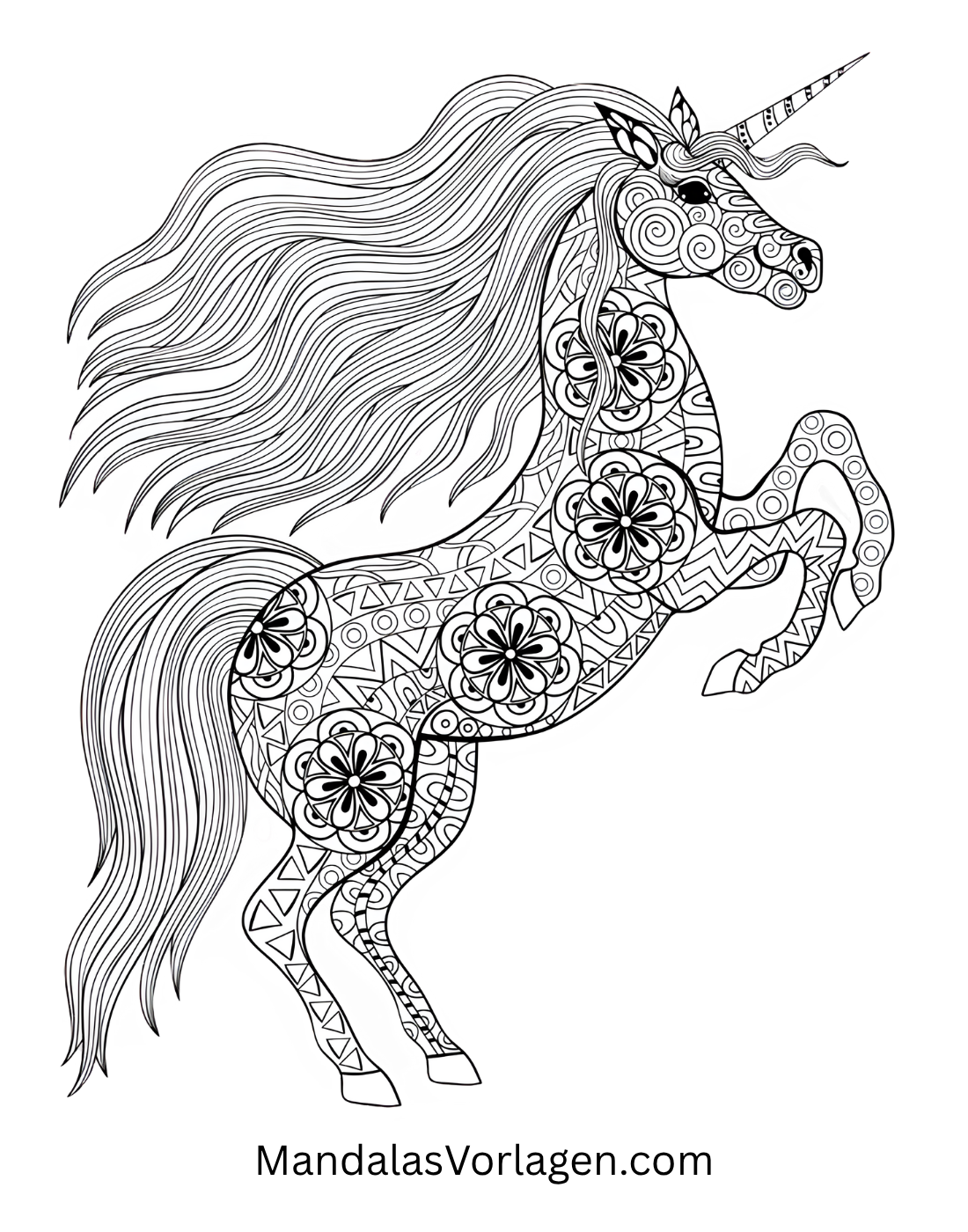 Einhorn Mandala – Ausmalvorlage mit geometrischen Mustern & fließender Mähne